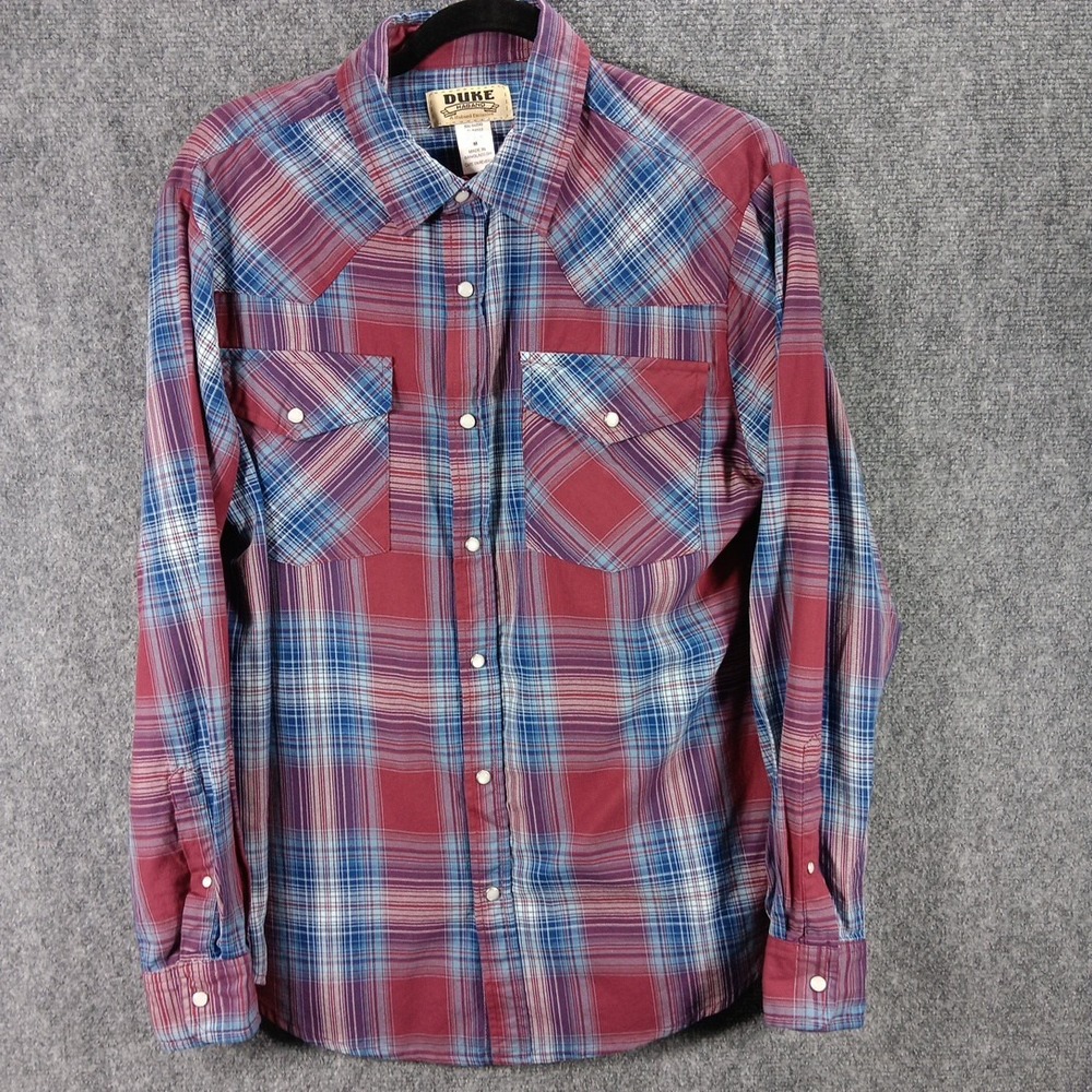 Vintage 90s Duke Haband Western Shirt Mens Medium Maroon Blue Plaid Cotton